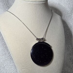 Shimmering Large Round Blue Sandstone Pendant & Chain